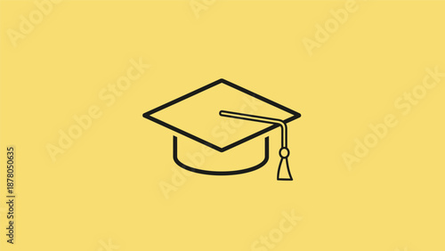 Simple line drawing of a graduation cap on a yellow background.