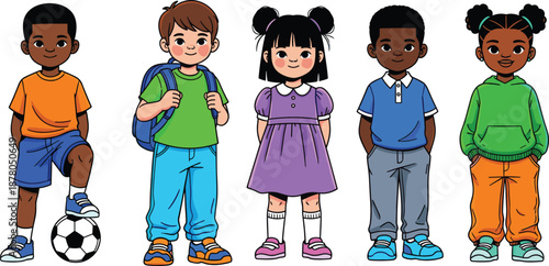 Diverse Group of School Children Standing, Multicultural Kids Cartoon Characters, Back to School Student Poses, Youth Education Vector Illustration