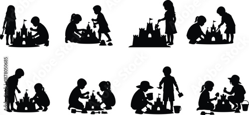 Kids Building Sandcastles Silhouette Set, Children Playing on Beach, Summer Vacation Vectors, Creative Outdoor Play Figures, Seaside Holiday Graphic Elements