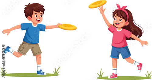 Cute Cartoon Children Playing Flying Disc Game, Little Boy and Girl Outdoor Summer Activity, Happy Kids Active Play, Colorful Vector