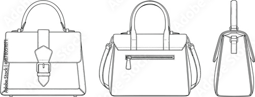 Women Handbag Technical Flat Sketch, Leather Satchel Bag Vector Illustration, Fashion Accessory Design Template, Top Handle Bag CAD Specification Drawing