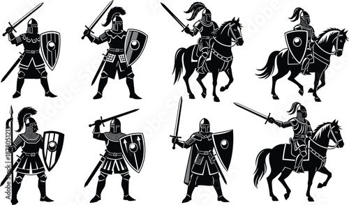 Medieval Knight Illustration Set, Armored Warrior Vector Icons, Sword and Shield Poses, Knight on Horseback Cavalry, Fantasy Battle Character Elements