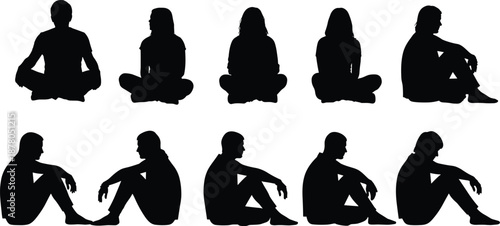 People Sitting and Meditating Silhouette Set, Men and Women Mindfulness Poses, Relaxed Human Figures, Yoga Zen Poses, Casual Seated Characters