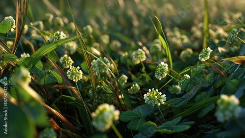 St. Patrick's Day: A serene video showcasing a lush green field with small white flowers swaying gently in the breeze during a peaceful sunset