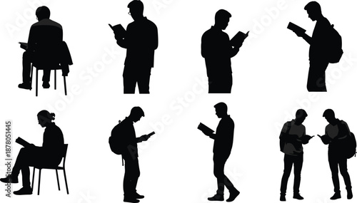 Student Silhouettes Set, People Reading Books and Studying, Academic Education Vectors, Men and Women Learning, Library and School Figure Icons