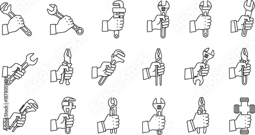 Black-and-white line drawings of hands gripping mechanical tools for repair, plumbing, and instructional visuals