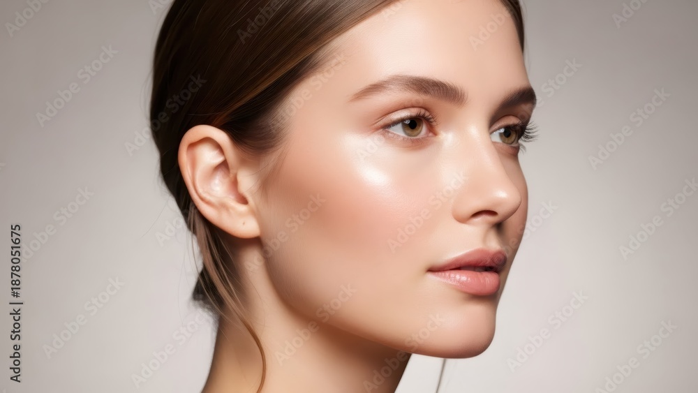 Naklejka premium Woman with healthy skin and natural makeup, close up of her face in profile, beauty and skincare concept for cosmetic advertisement