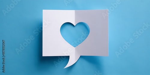 White paper speech bubble with heart cutout on blue background love communication