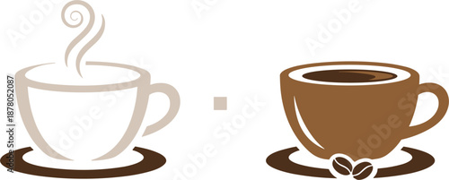 Two coffee cup icons showing a white steaming cup and a brown espresso cup with roasted coffee beans.