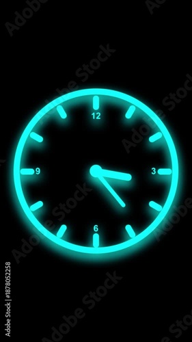 Cyan Neon Clock Face with Hour Markers on Black Background time analog