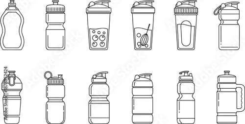 Line-art icon set of water bottles and shaker bottles with diverse lids, straws, and mixing features for hydration visuals