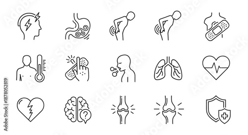 Collection of medical icons representing various body disorders and symptoms, including headache, stomach ache, back pain, fever, skin irritation, cough, lung issues, heart problems, broken heart