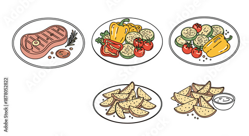 Vibrant and appetizing illustration of an elegant dinner spread featuring a perfectly grilled steak with rosemary and sauce, a colorful medley of roasted vegetables including bell peppers, tomatoes