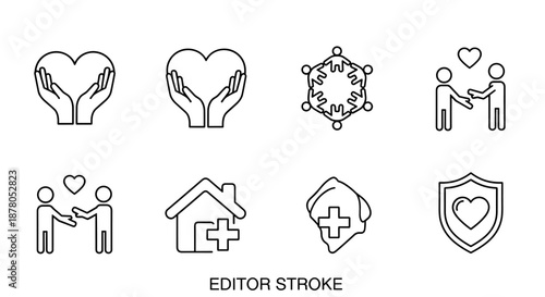 Set of flat and linear icons representing community, voluntary groups, charity work, and people's welfare, featuring simple symbols like hands holding a heart, a circle of people, individuals