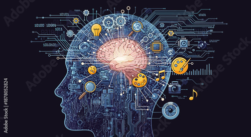 Vibrant illustration of an artificial intelligence brain within a profile silhouette, surrounded by interconnected circuits, binary code, and icons representing data analysis, creativity, technology