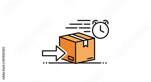 Fast food delivery icon with a cardboard box, an arrow indicating movement, and a clock symbolizing speed and efficiency, representing quick and contactless delivery services for groceries and meals