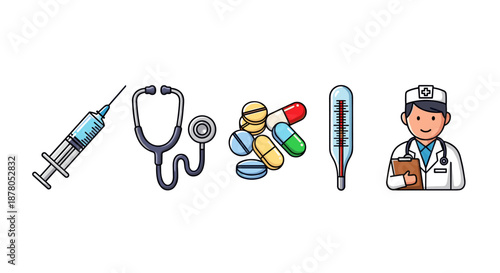A vibrant and colorful collection of medical icons, including a syringe, stethoscope, assorted pills and capsules, a thermometer, and a doctor holding a clipboard, perfect for use in healthcare apps
