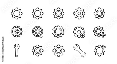 Set of gear icons and wrench icons, representing settings, configuration, and mechanical tools. This vector illustration includes various cogwheel and gear symbols, some with plus signs indicating