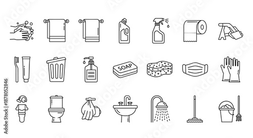 Hygiene and sanitation line icons set, featuring hand washing, towels, soap, toothbrush, toilet, sink, shower, cleaning supplies like spray bottles and sponges, plus protective gear like masks and
