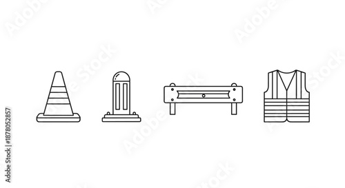Set of four outline icons representing road safety equipment: a traffic cone, a bollard, a guardrail, and a reflective safety vest, all presented on a clean white background, ideal for construction