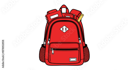 Vibrant red backpack in a flat, modern design with clean outlines, perfect for back-to-school visuals. This hand-drawn schoolbag is ideal for kids' educational materials, offering a fresh and