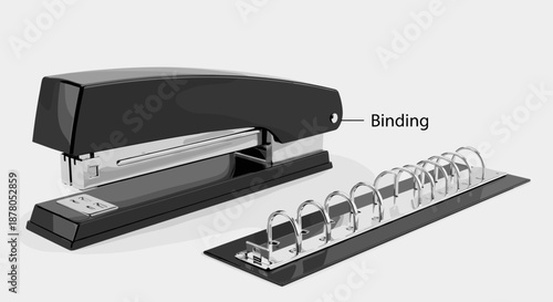 Close-up studio shot of a black stapler and a silver ring binder mechanism, showcasing office supplies for document organization and binding, presented on a clean white background with a subtle