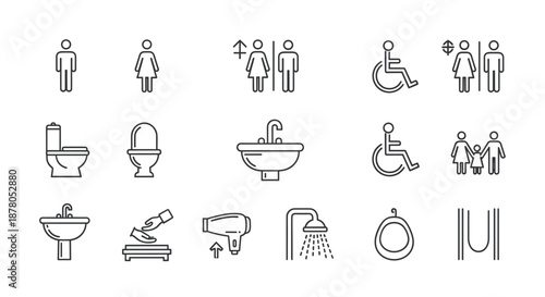 Collection of clean, modern line art icons representing various restroom and bathroom facilities, including male and female figures, accessible facilities for disabled individuals, family restrooms