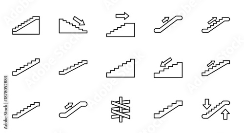 Set of stairs and escalator icons, including upward and downward movement symbols, isolated on a white background. This collection features various representations of staircases and escalators