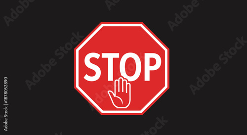 Red octagonal stop sign with white border and white text 'STOP' and a white hand symbol indicating halt, presented on a dark background, representing a warning, alert, security, and notification icon