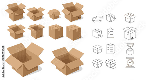 Set of various cardboard boxes, open and closed, for delivery and packaging, isolated on a white background. Includes icons of a delivery truck, shipping boxes, checklists, and a scale, representing