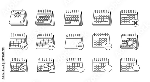 Calendar line icon pack featuring outline signs for graphic and web design, apps, adverts, and various cards. This vector cartoon illustration set includes daily planners, date selectors, and icons