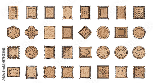 Collection of 36 cartoon-style wool carpet icons, showcasing a variety of shapes including rectangular, square, and circular designs, each with unique border patterns and intricate central motifs