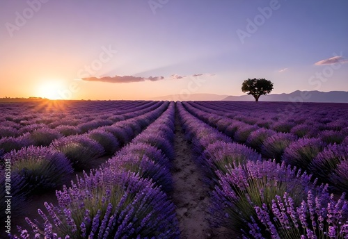 A breathtaking summer sunset illuminates a purple lavender field in the rural Provence countryside of France, featuring a vibrant violet flower meadow under a golden sun and nature's beauty
