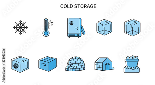 A collection of minimalistic blue line art icons and pictograms representing cold storage concepts, including a snowflake, thermometer, refrigerator, ice cubes, igloo, storage box, and a container of