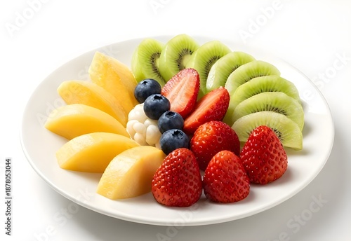 A delicious fresh fruit salad with ripe strawberries, blueberries, and raspberries served on a white plate as a healthy sweet dessert or breakfast snack isolated on a white background