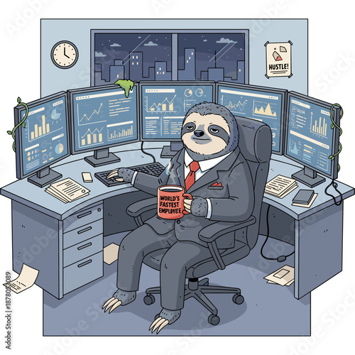 Humorous Vector Illustration of a Sloth as a Corporate Office Worker at a Multi-Monitor Desk with a World's Fastest Employee Coffee Mug