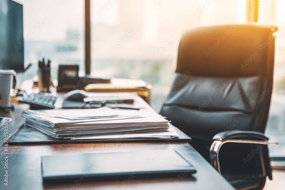 Fototapeta premium Quiet Office Setting with Unused Desk Space During Daytime Light Hours