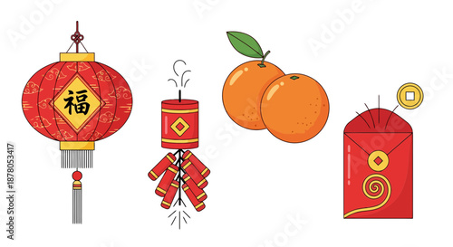 Vibrant Chinese New Year elements on black background