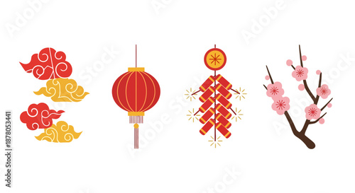 Vibrant Chinese New Year elements with lanterns and blossoms