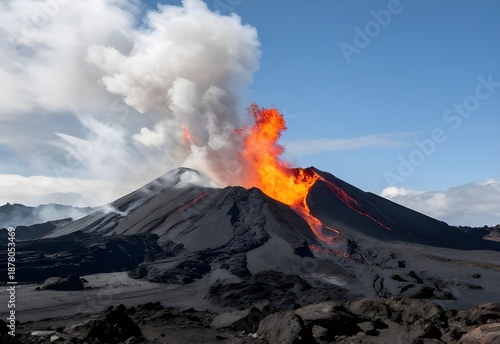 A breathtaking volcanic landscape featuring an erupting Mount Etna in Sicily, Italy, showing a smoking crater and glowing lava against a cloudy sky with snowy mountain peaks in the distance