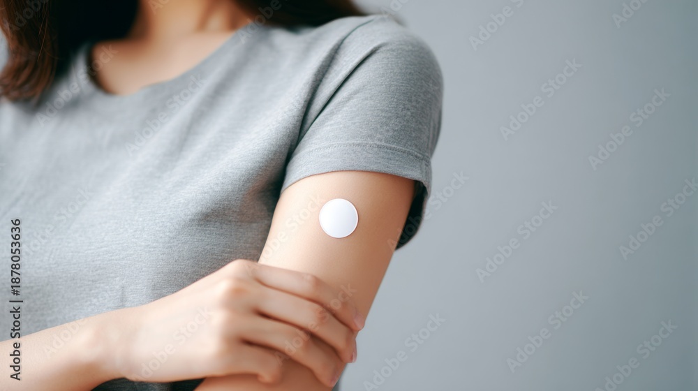Obraz premium A woman with a white bandage on her arm. The bandage is a patch that is used to deliver medication