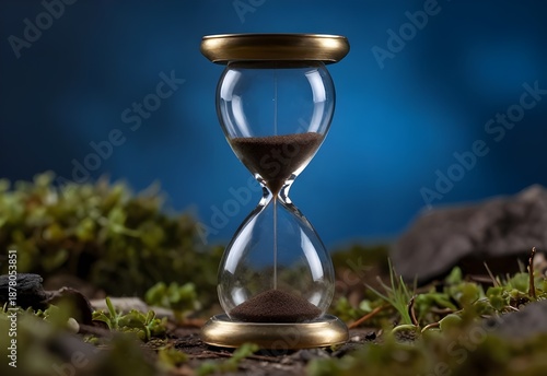 An antique glass sandglass sits on the beach, serving as a retro measurement instrument where the flow of sand represents the passing of time and a countdown toward a future business deadline
