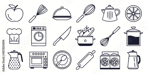 A comprehensive collection of essential kitchen tools and culinary equipment, depicted as minimalist line art icons for food preparation and home cooking concepts
