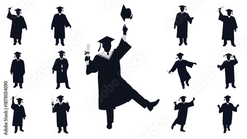 silhouettes of graduates in various poses celebrating graduation