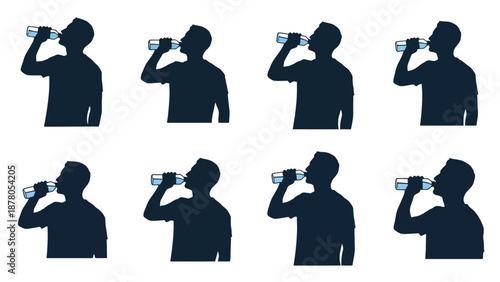 Eight silhouettes of people drinking from cans in different positions
