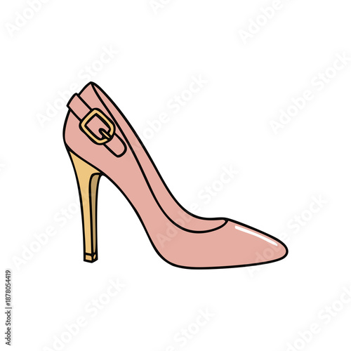 Isolated pink high heel shoe with a golden buckle and a pointy toe