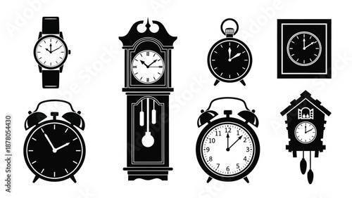 collection of various clocks and watches on white background