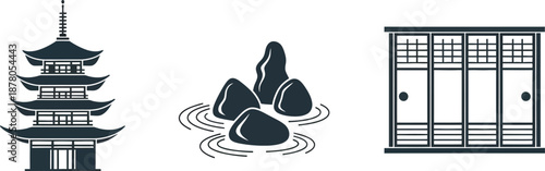 Japanese cultural symbols silhouette collection with five story pagoda zen rock garden and shoji screen sliding doors