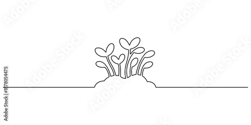 Minimalist one-line drawing of seedlings or young plants growing out of the ground. Minimalist design and botanical themes vector illustration