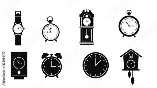collection of various clocks and watches on white background